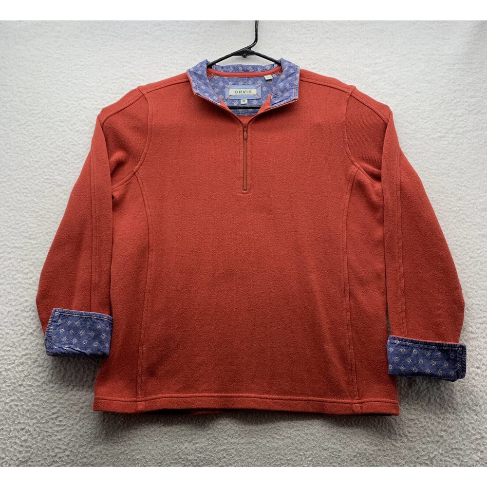Orvis 1/4 Zip Knit Jacket Mens Medium M Flip Cuff Red Blue Floral Outdoors Dad